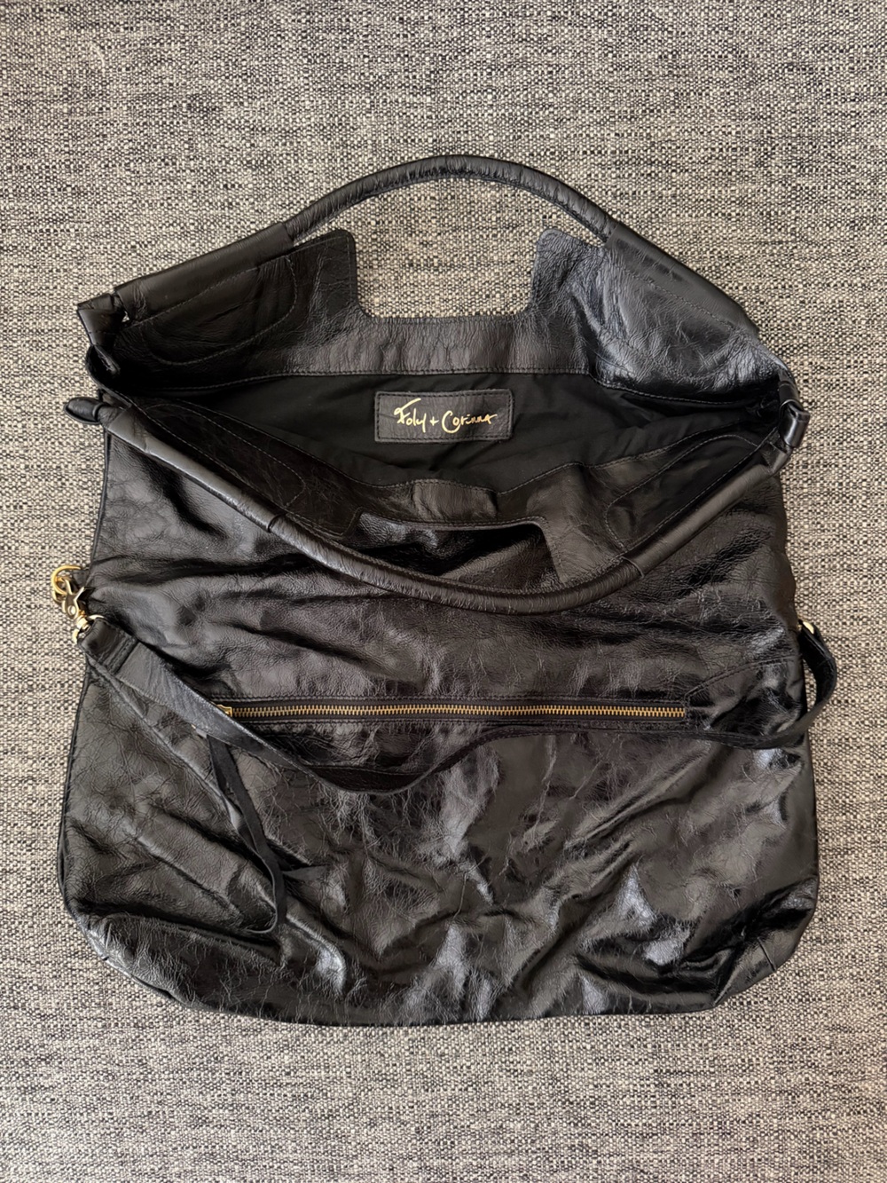 Foley + Corinna Black Leather Shoulder Tote with Gold Hardware